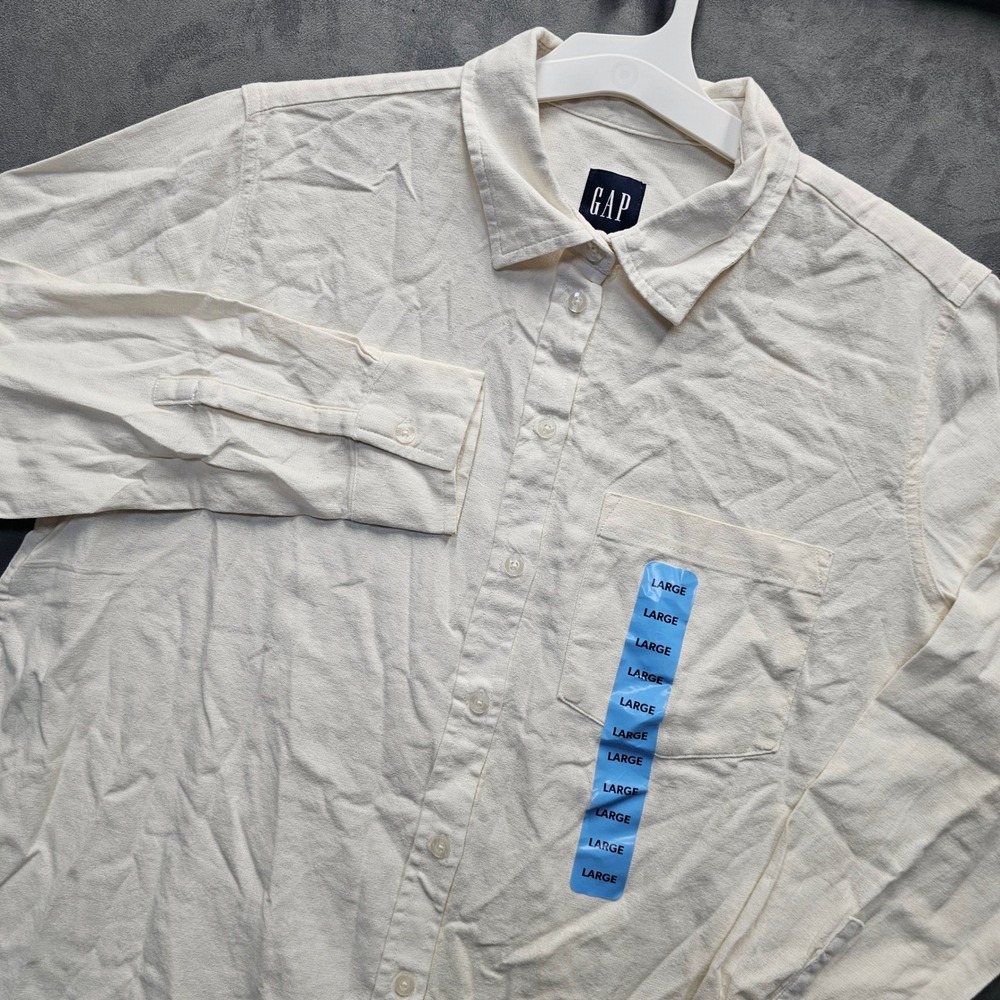 GAP Men's Linen Blend Button-Up Shirt Off-White Large Long‎ Sleeve QLT7143S